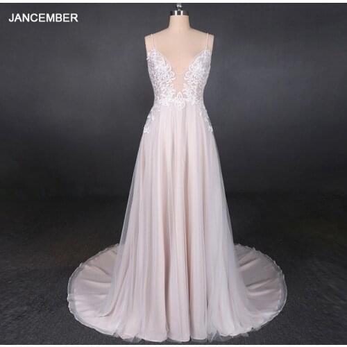 LSDZ08 JANCEMBER A-Line Simple Nude Elegant Spaghetti Strap With Sleeveless Evening Dress Lace Up Back Floor-Lenght Appliques