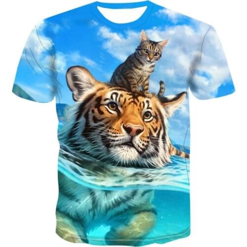 Hot summer hot-selling swimming tigers and cubs 3D digital printing casual trend short-sleeved round neck T-shirt men