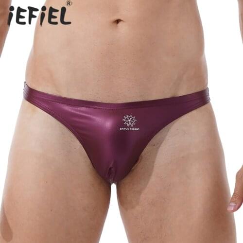 Men Glossy Stretchy Lingerie Thongs Low Waist Bulge Pouch Sexy G-string Underpants Solid Color Open Butt T-back Underwear