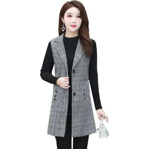 Womens Spring Autumn Middle-Aged Lattice Vest Coat Women Mid-Length Waistcoat Jacket Female Large Size 5XL Suit Vest Coat R124