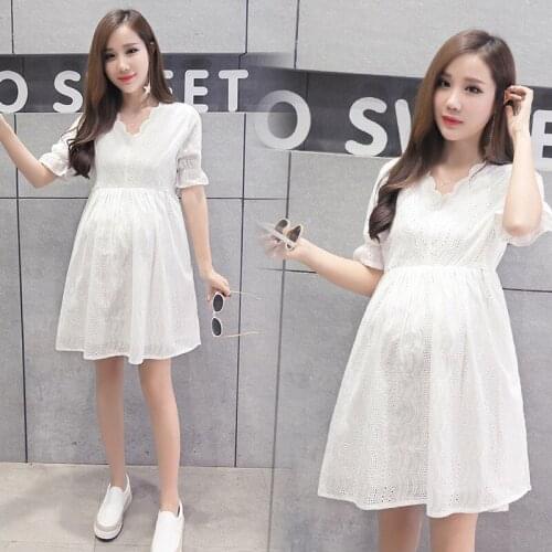 Pregnancy Clothes Nursing Dresses Breastfeeding Summer Lace Maternity Dress Embroidery Short Sleeve Ruffle Maternity Gown 3Color