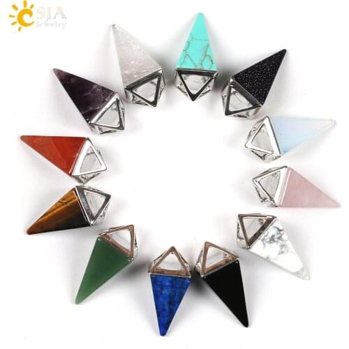 CSJA Natural Gem Stone Pendulum Necklace Reiki Lapis Lazuli Crystal Quartz Aventurine Chakra Pyramid Pendant Amulet Jewelry E104