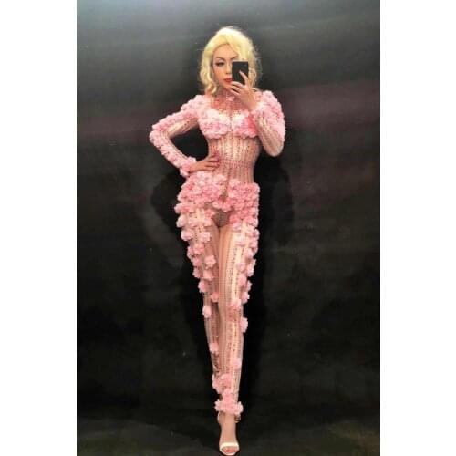 Sexy Pink Flower Crystals Dj Long Sleeve Bodysuit Women Costume Jumpsuit Celebrate Party Wear Singer Stage Performance Clothing