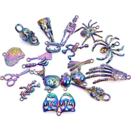 20pcs/Lot Rainbow Halloween Pendant DIY Skull Ghost Mask Accessories Girl Boy Charms For Jewelry Making Supplies Punk Materials