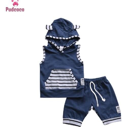 Pudcoco Summer 2pcs Newborn Toddler Kids Baby Boy Clothes Sleeveless Hooded T-shirt Tops+Pants Outfits 0-3Y