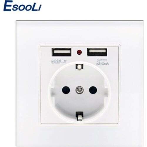 Esooli Dual 2100mA USB Socket Luxury Glass Panel Wall Power USB Socket EU Standard Socket With USB Charger Port