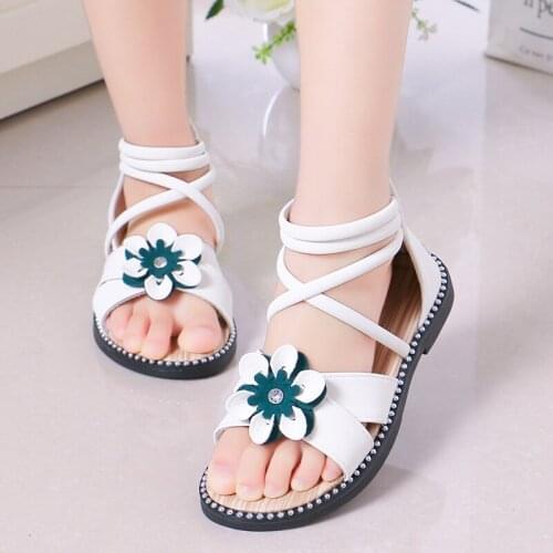 Girl Sandals Summer Shoes Cute Flower Roman Shoes White Green Pearl Beading Open-toe Kids Girls Beach Sandals Kids Shoes 26-36