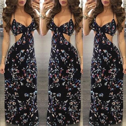 Meihuida Summer Women Fashion Sexy Backless Floral Print Sundress Deep V-Neck Vintage Boho Long Maxi Night Party Beach Dress