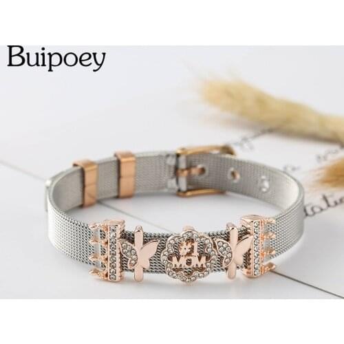 Buipoey Stainless Steel Mesh Bracelets For Women Girls Rose Gold Crown Butterfly MOM Beaded Fine Belt Bracelet Mothers Gift