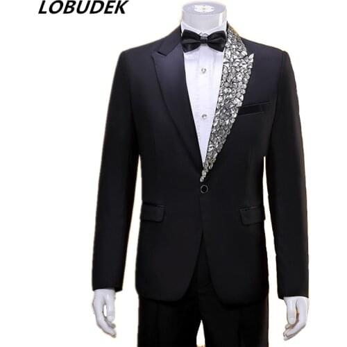 Evening Party Formal Mens Suits Rhinestones Blazers Pants Outfit Prom Male Singer Host Stage Performance Suit Set Black Costume