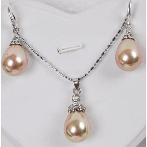 Wholesale12x16mm Champagne South Shell Pearl Angel Earrings Pendant Necklace Set