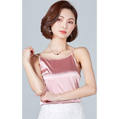 2019 summer new solid color high elastic simulation silk slim hanging bandwidth loose casual sexy comfortable silky shirt female