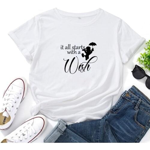 It All Starts with A Wish Tshirt Women Letter Print Tshirts Female Fashion Casual T Shirt for Women Simple Loose Short Sleeve