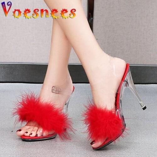 Voesnees Women Sandals 2021 Sexy Open Toe Furry Fur Summer High-Heeled Sandals New Transparent Model Catwalk Show Stiletto Shoes