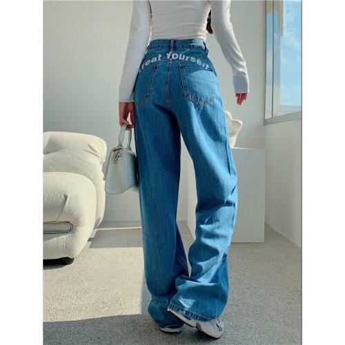 High Waist Baggy Jeans Women 2021 Y2k Letters Printed Loose Wide Leg Pants Korean Fashion Blue Denim Trousers Jean Streetwear