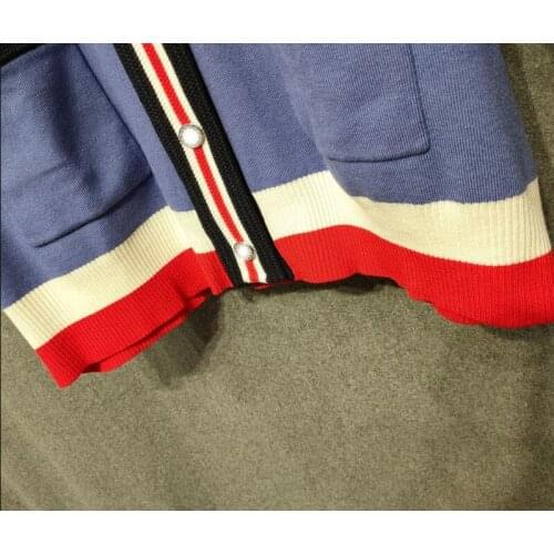 Spring/Summer 2020 College Style Contrast Color Casual Logo Striped Piping Knit Cardigan Jacket Women