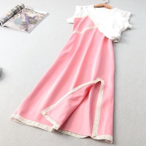 2021 Women Summer Asymmetrical pink Dress designer Patchwork Short Sleeve Unique Party Wear silk lace sexy vestidos