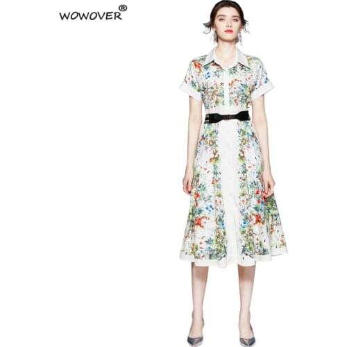 Womens Fashion Runway Floral Print Mid Calf Belt Shirt Dress Summer 2021 New Short Sleeve Casual Aline Holiday Vestidos Female