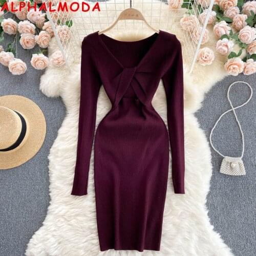 ALPHALMODA New Hollow Out Women Sexy Knit Dress Autuomn Slim Fit Long-sleeved Wrap Hip Ladies Sweater Dress 2021