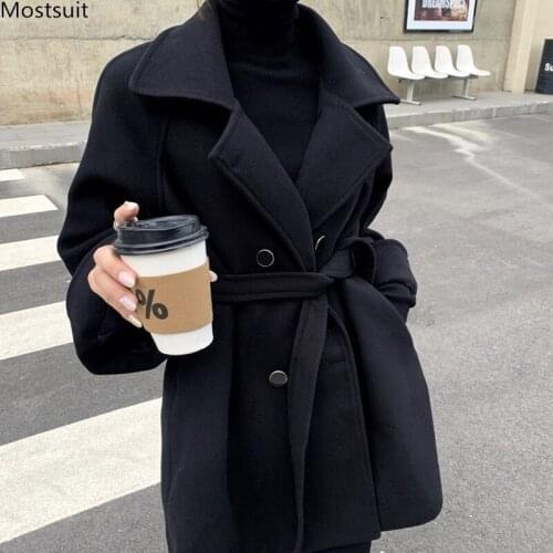 Autumn Winter Vintage Elegant Loose Long Wool Coat Women 2021 Long Sleeve Double Breasted Lace Up Ladies Coats Black