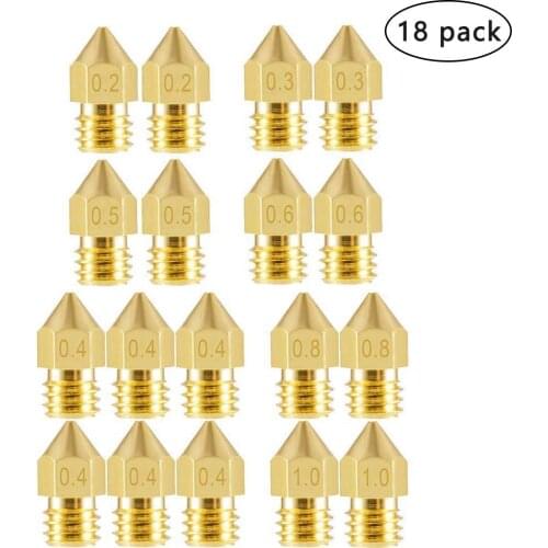18pcs MK8 Nozzle for 3D Printer M6 Brass Extruder Head Hotend Nozzles 0.2mm, 0.3mm, 0.4mm, 0.5mm, 0.6mm, 0.8mm, 1.0mm fit 1.75mm