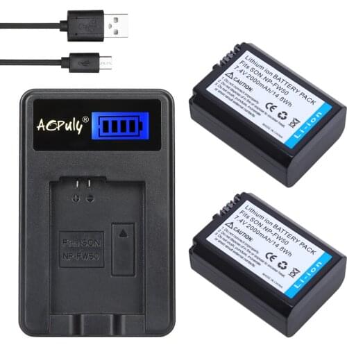 AOPULY 2Pcs 2000mAh NP-FW50 NPFW50 NP FW50 Battery + LCD USB Charger for Sony NEX-5 NEX-7 SLT-A55 A33 A55 A37 A3000 A5000 A6000
