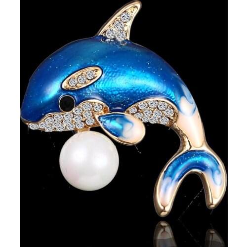 Enamel Cute Blue Dolphin Brooches for Women Rhinestone Inlay Winter Coat Hat Brooch Pins