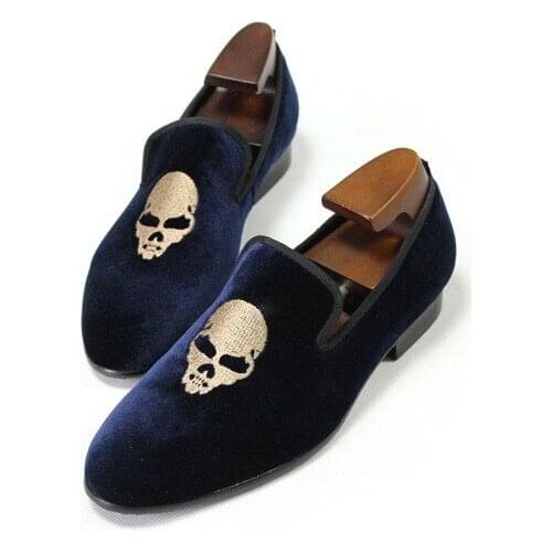 Classic Blue Velvet Embroidery Loafers High Quality Handmade Leather Formal Shoes for men