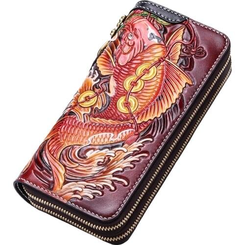 Handmade Genuine Leather Wallets Carving Carp Bag High-capacity Purses Women Men Clutch Vegetable Tanned Leather Wallet