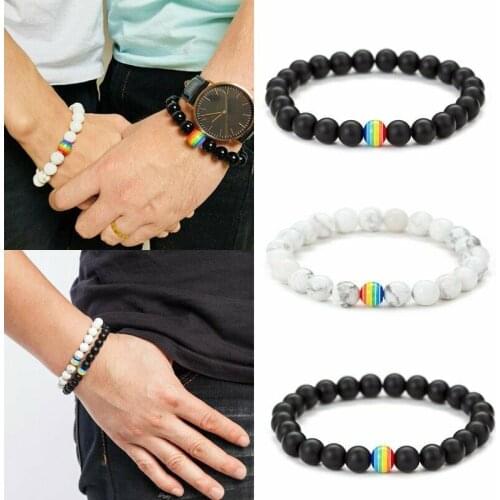 Nature Stone Bracelets Mens Jewelry Fashion Beaded Rainbow Bracelet Pride Gay Peace Men Gift Couple 8MM Charm Bracelets
