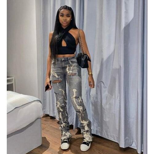 Spring Summer New Womens Jeans Fashion Ripped Straight-leg Pants High-waist Washed White Slim-fit Jeans Womens Trousers 602