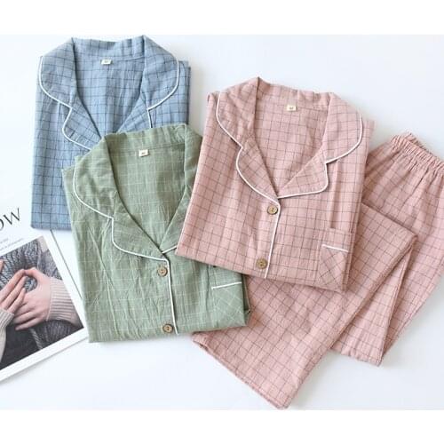 New Water-washing Cotton Long-sleeved Pants Pajamas for Women Loungewear Plaid Sleepwear Autumn Lapel Pure Cotton Home Clothes
