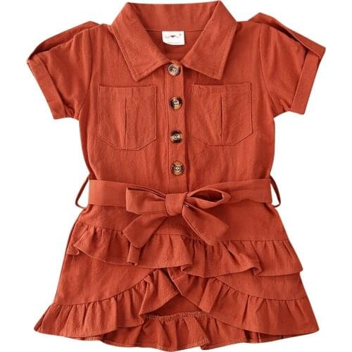 Girls Sweet Dress For Summer Solid Color Dress Short Sleeve Button Open Front Lapel One-piece Army Green/ Brick Red/ Yellow 2-7T