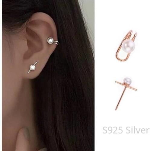 S925 Sterling Silvers Stamped Pearl T Shaped Stud Earrings Simple Fashion Women Girls Pearl Ear Jackets