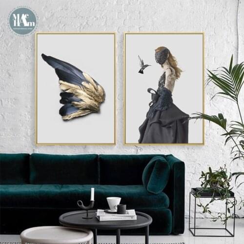 Nordic Fashion Veil woman feather lips Wall Art Canvas Painting Nordic Posters And Prints Black White Pictures For Living room