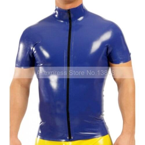 Dark Blue Latex Man Top Tee Rubber Short Sleeves T-shirt with Front Zipper S-LSM040
