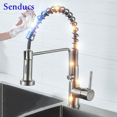 Spring Touch Kitchen Faucet Senducs Brushed Kitchen Sink Mixer Tap Smart Touch Pull Out Kitchen Faucet Matte Black Sensor Faucet