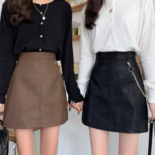 Fashion Chain Fall A-line Mini Faux Leather Skirts Women 2021 New High Waist Solid Pu Jupe All Match Autumn Faldas Verano
