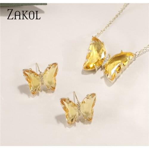 ZAKOL Brand Cute 5 Color AAA+ CZ Zirconia Earrings Necklace Set for Women Trendy Yellow Butterfly Bridal Wedding Jewelry Dress