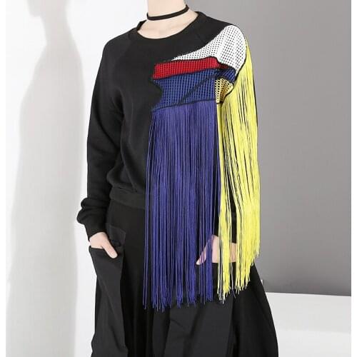 Hot New Spring Autumn Winter Streetwear Top Woman Casaul Black Long Sleeve Tassel Loose Big Size Pullovers Sweatshirt Outerwear