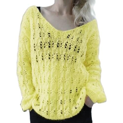 2021 Autumn New Womens Sweaters Fashion Solid Loose Knitted Tops Casual Long Sleeve Sexy V Neck Hollow Out Thin Jumpers Female