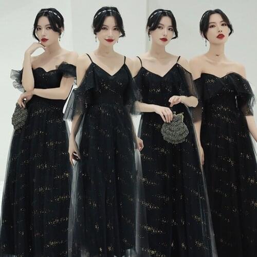 Bridesmaids Dresses Illusion Sequined Lace Short V-Neck Floor-Length Spaghetti Straps Luxury Black Women Wedding Party Gown E280