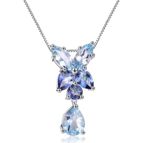 Gems Ballet Natural Sky Blue Topaz Mystic Quartz Gemstone 925 Sterling Silver Flower Pendant Necklace For Women Jewelry Gift
