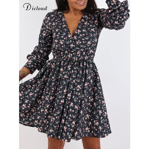 DICLOUD Floral Dress Woman Long Sleeve V Neck Navy Ladies Elastic Waist Mini Party Dresses Ruffled New Autumn Sukienka 2021
