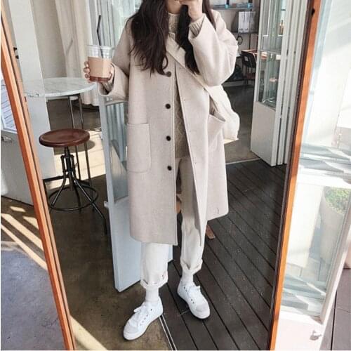 Autumn And Winter 2021 New Korean Loose College Style Black Woollen Coat Medium Long Small Tweed Coat For Women