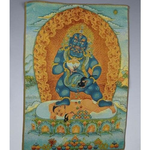 24" silk exquisite embroidery Tibetan Buddhist Thangka Black Jambhala statue