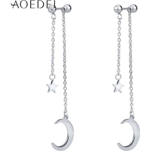 AOEDEJ Star&Moon Pendant Stud Earrings Stainless Steel Women Earrings with Long Materal Chain Female Jewelry Gifts
