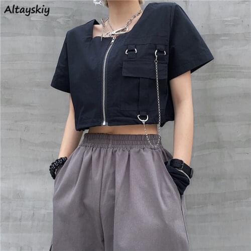 Blouses Women 3XL Chic Black Harajuku Zipper Design Solid Teens Crop Top Hip Hop Retro Cargo High Street BF Cool Girls Blouse
