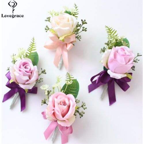 Lovegrace Red Best Man Corsage for Groom Groomsman Silk Rose Flower Wedding Suit Boutonnieres Accessories Pin Brooch Decoration