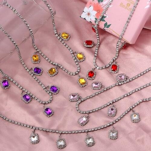 JUST FEEL Fashion Rhinestone Tennis Chain Choker Necklace For Women Adjustable Square Crystal Pendant Necklace Punk Bijoux Gift